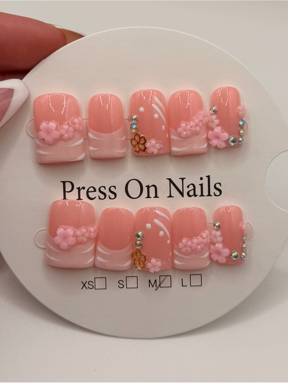 Press On Nails - Pink Floral Rhinestone Set